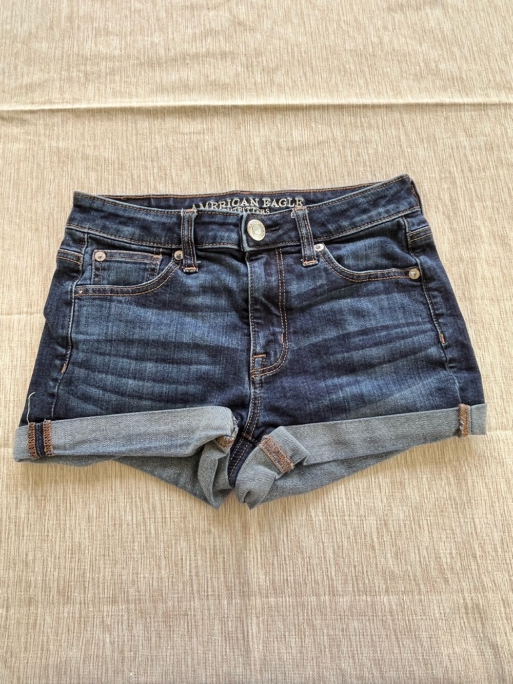 American Eagle Outfitters Dark Blue Rolled-Hem High Rise Shortie Denim Shorts 0 - Picture 10 of 10